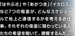 「はやぶさ」や「あかつき」「イカロス」など７つの衛星が、どんなスケジュールで地上と通信するかを考えるお仕事。それぞれの衛星に関わっている人たちの希望を聞いて、調整するんだ。