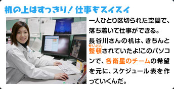 机の上はすっきり！仕事もスイスイ 一人ひとり区切られた空間で、落ち着いて仕事ができる。長谷川さんの机は、きちんと整頓されていたよ！このパソコンで、各衛星のチームの希望を元に、スケジュール表を作っていくんだ。