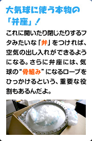 大気球に使う本物の 「弁座」！ これに開いたり閉じたりするフタみたいな「弁」をつければ、空気の出し入れができるようになる。さらに弁座には、気球の“骨組み”になるロープをひっかけるという、重要な役割もあるんだよ。