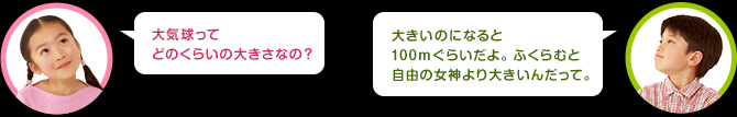 女の子：大気球ってどのくらいの大きさなの？
男の子：大きいのになると100mぐらいだよ。ふくらむと自由の女神より大きいんだ。