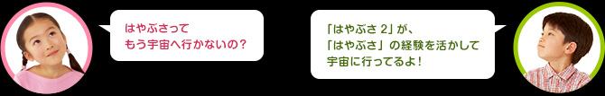 女の子：はやぶさってもう宇宙へ行かないの？
男の子：「はやぶさ2」が「はやぶさ」の経験を活かして宇宙へ行ってるよ！