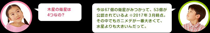 女の子：木星の衛星は4つなの？　男の子：今は67個の衛星がみつかって53個が公認されているよ※2017年3月時点。その中でもガニメデが一番の大きくて、水星よりも大きいんだって。