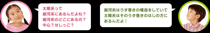 女の子：太陽系って銀河系にあるんだよね？銀河系のどこにあるの？中心？はしっこ？　男の子：銀河系はうず巻きの構造をしていて太陽系はそのうず巻きのはじの方にあるんだよ！