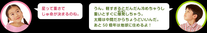 女の子：星の重さでじゅ命がきまるのね。男の子：うん。軽すぎるとだんだん冷めちゃうし重いとすぐに爆発しちゃう。太陽は中間だからちょうどいいんだ。あと50億年は地球に住めるよ！