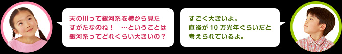 女の子：天の川って銀河系を横から見たすがたなのね！…ということは銀河系ってどれくらいの大きいの？　男の子：すごく大きいよ。直径が10万光年ぐだいだと考えられているよ。