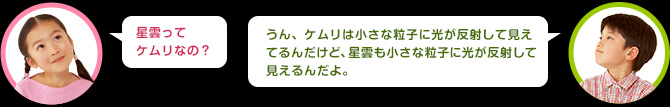 女の子：星雲ってケムリなの？　男の子：うん、ケムリは小さな粒子に光が反射して見えてるんだけど、星雲も小さな粒子に光が反射して見えるんだよ。