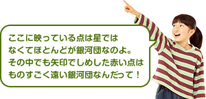 ここに映っている点は星ではなくてほとんどが銀河団なんだよ。その中でも矢印でしめした赤い点はものすごく遠い銀河団なんだ!